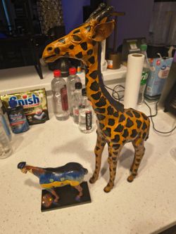 Leather Wrapped Giraffe Figurine and van go collectible ponie