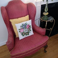 Absolutely Beautiful Dark Pink With Yellow Detail Vintage Silk Wingback Chair