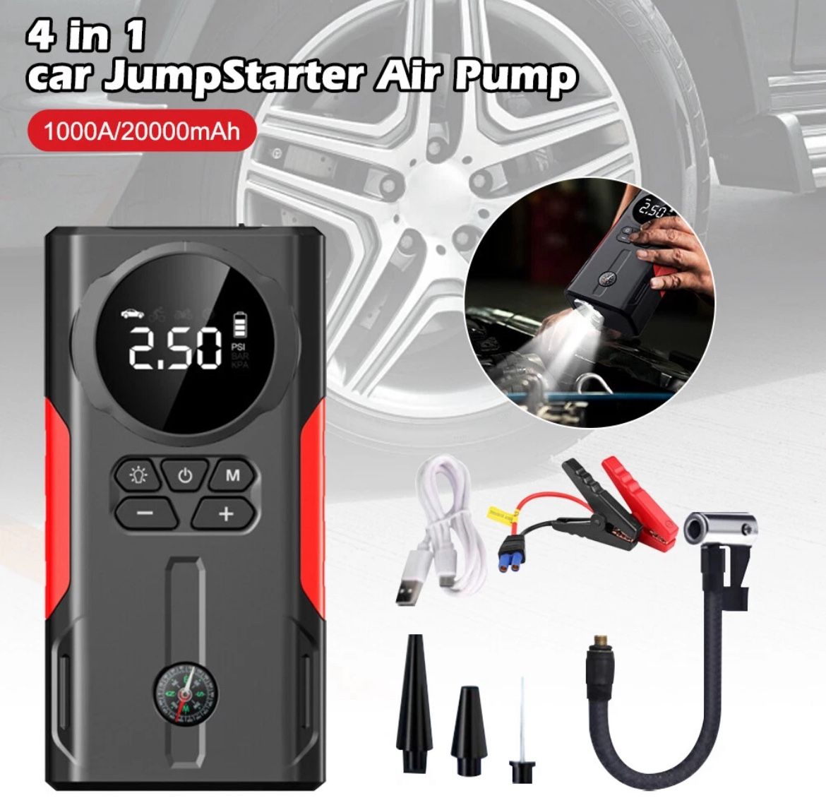 New 4 in 1: car jump starter, tire inflator, flash light, portable battery