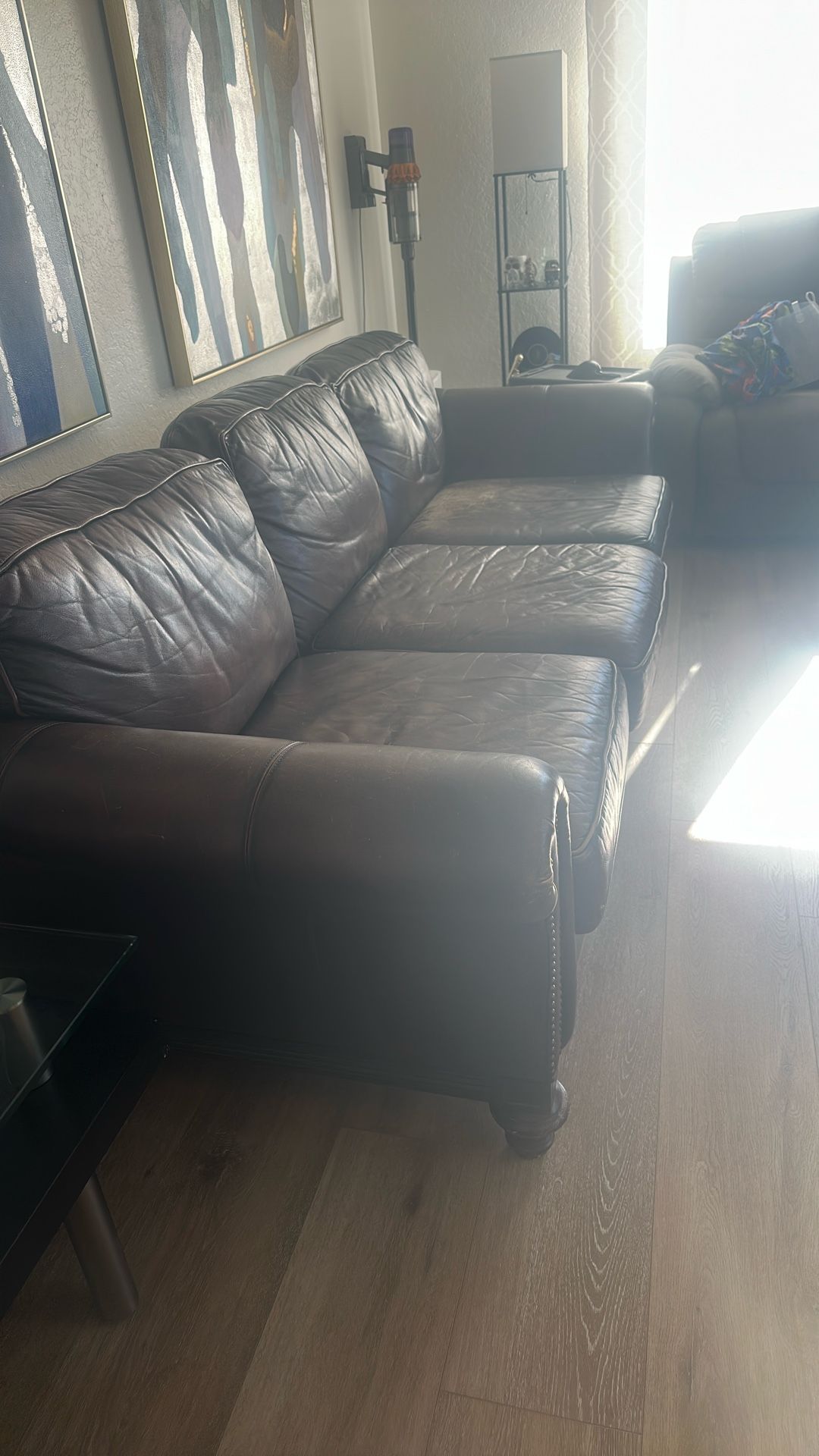 Brown Leather 3-Seater Couch + Washable Cover – Pickup Only