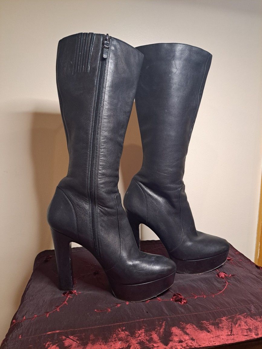 Vintage ViaSpiga Black Leather Platform High Heel Boots Sz 9