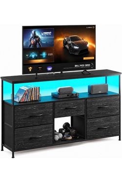 New TV Stand for Bedroom with LED & Outlets, 5-Drawer Storage, Black
