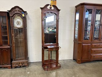 PULASKI Vintage Victorian Style Mirrored Hall Tree with Brass Accents and False Drawer