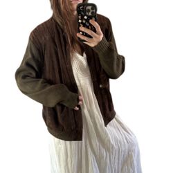 Leather Suede Brown And Wool Sleeve Vintage Jacket Sz Extra Large 