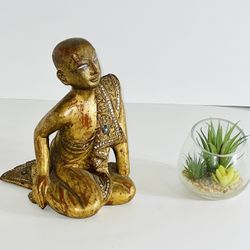 thai gilt wood Hand Carved Sculpture Of Seated Buddhist Monk