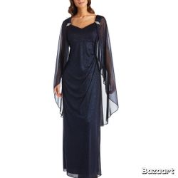 SZ 8 black shimmer rhinestone Empire-Waist w/Cape formal dress R&M RICHARD’S NEW