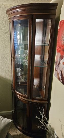 Vintage original Jasper Wood Corner Curio Cabinet with Curved Glass