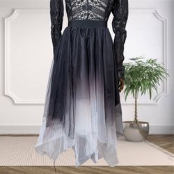 🖤 Ethereal Black-to-White Ombre Tulle Midi Skirt – Dreamy Gradient Statement Piece