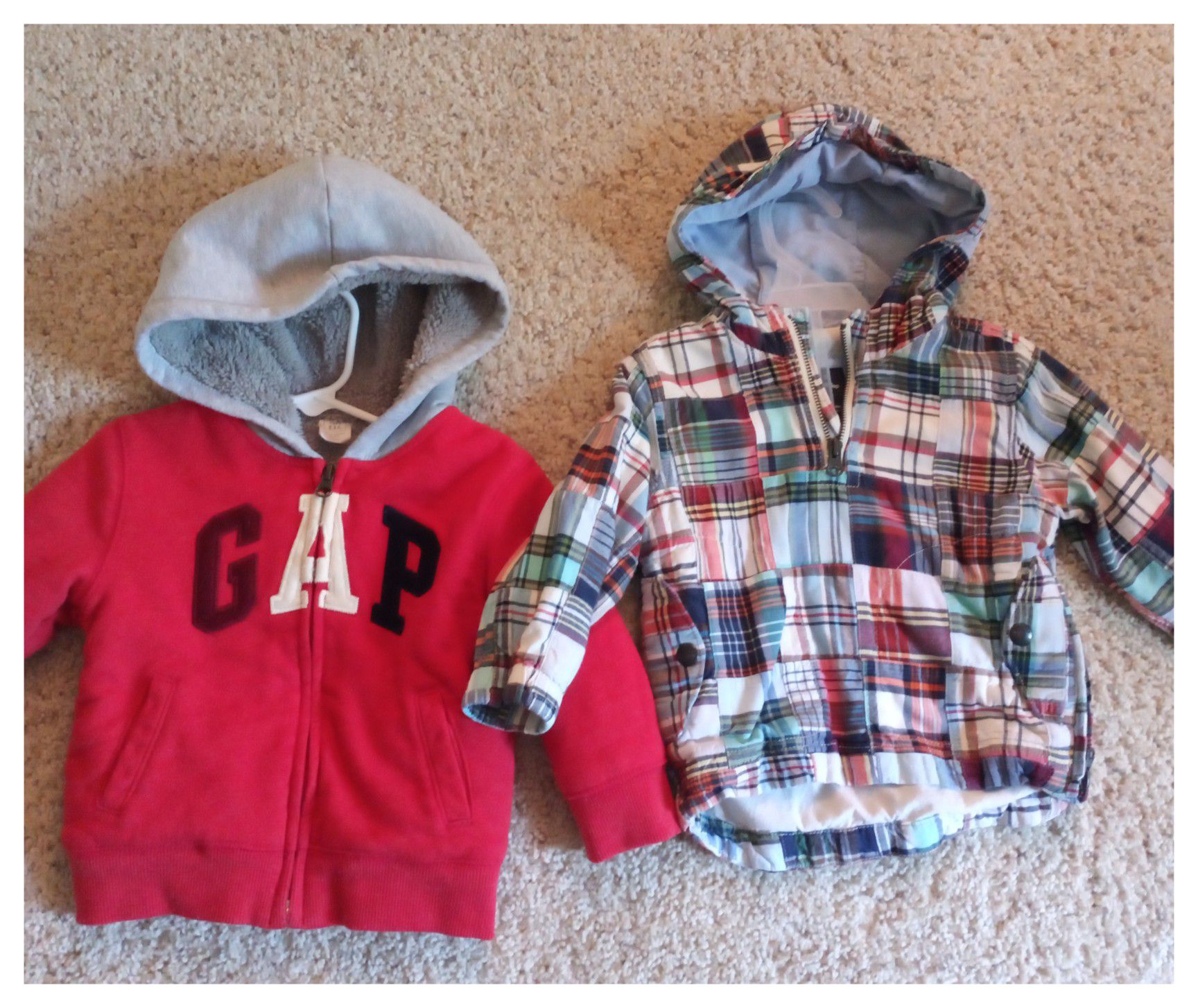 Toddler Boys 2- Baby Gap Jackets Size 18-24 Month 1- Pull Over Hooded Plaid & Denim Coat 1- Zip Up Hoodie