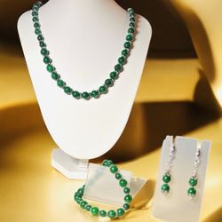 Hand Made Green Jade Necklace, Bracelet And Earrings