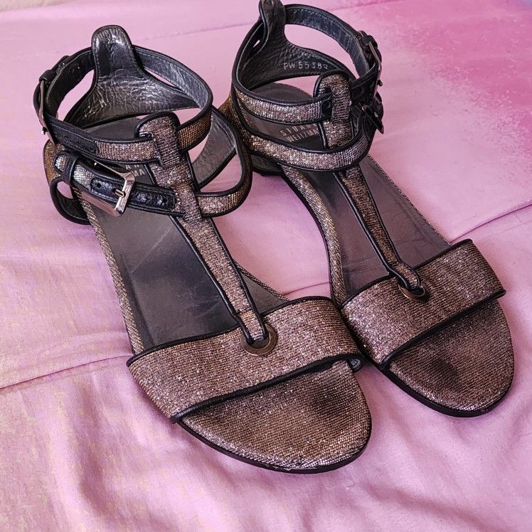 Stuart Weitzman Strappy Gold/Brown Glitter Sandals Size 7.5