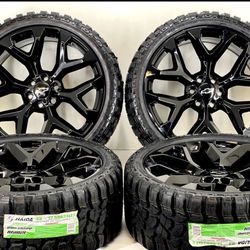 24" Snowflake Gloss Black Wheels 6x139.7 + New LT 33x12.50x24 Mud Terrain 10ply Tires Chevy GMC