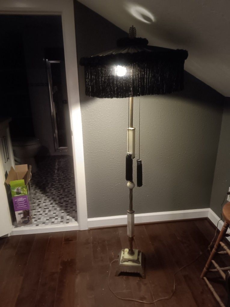 vintage art deco jadeite and bronze lamp w black tasled shade