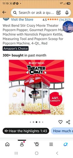 West Bend Stir Crazy Movie Theater Popcorn Popper,Popcorn Popper, Gourmet Popcorn Maker Machine with Nonstick Popcorn Kettle, Measuring Tool and Popco