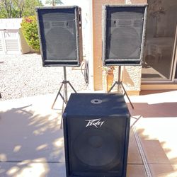 Two Sunn model 8 Biamp passive speakers Peavey PV 118 subwoofer