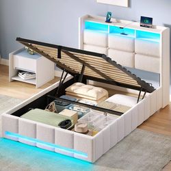 J310-Bed Frame Twin Size with Lift Up Storage, Charging Station & LED Lights, Upholstered Storage Headboard, Heavy Duty Wooden Slats, No Box Spring Ne