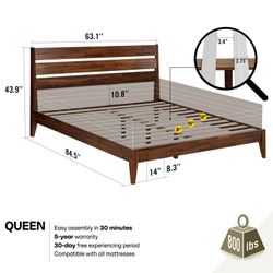Acacia Premium Emery Solid Wood Platform Bed Frame with Headboard Included, No Box Spring Needed, Weight Capacity 800lb 