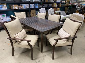 Brown Aluminum Outdoor Dining Table w/ 6 Chairs & Beige Cushions