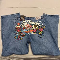 ED HARDY Multi Tattoo Baggy Jeans Sz 34 Painted Logo Koi BNWT