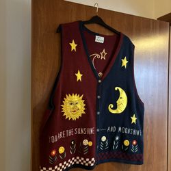 Vintage Quacker Factory Celestial Sun, Moon & Star Sweater Vest 3XL