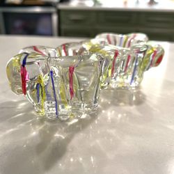 Set of Two Small Crystal Candle Holders Clear Crystal With Multicolor Stripes