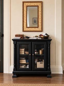 Beautiful Black Glass-Door Accent Cabinet + Wall Mirror
