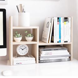 Jerry & Maggie Desktop Organizer Office Storage Rack Adjustable Wood Display Shelf, White, 5 Units, 16"L x 15.8"H x 6.8"W