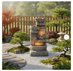 Outdoor Zen Garden 33 in. Stone-Texture Polyresin Cascading Waterfall Fountain with LED Lights