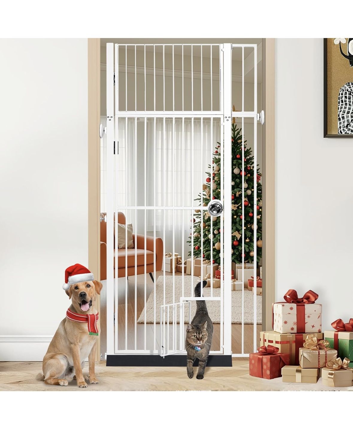 INRLKIT 71 Inch Extra Tall Pet Gate W/Cat Door, 27"~37.5" Extra Wide Pressure Mounted White NEW