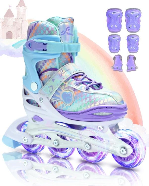 Inline Skates, size 11-13.5 Children's, four size adjustable, with Kneepads, elbow pads, wrist guard