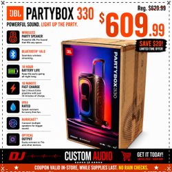 JBL PartyBox 330 Bluetooth 6.0 USB-C AuraCast 18-Hour Rechargeable Battery Speaker Mic Inputs Splashproof 🚨 Payment Options Available 🚨 No Credit Ne