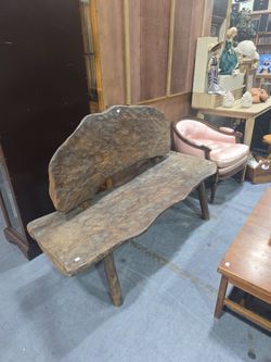 Rustic Hand-Carved Slab Wood Bench