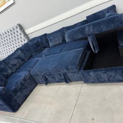 Sleeper Sectional With Storage Chaise 💙 Blue Color 
