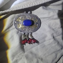 Antique Yemeni Lapis Lazuli Turkomen Pendant & Coral Beads Necklace Handmade