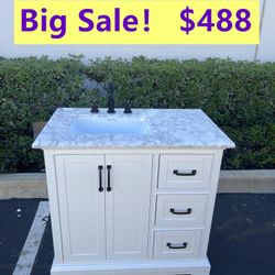 36”white single sink bathroom vanity with carrara white marble stone top