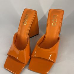 EGO Official Orange Patent Square Toe Triangle Block Heel Mules, Women's Size 6