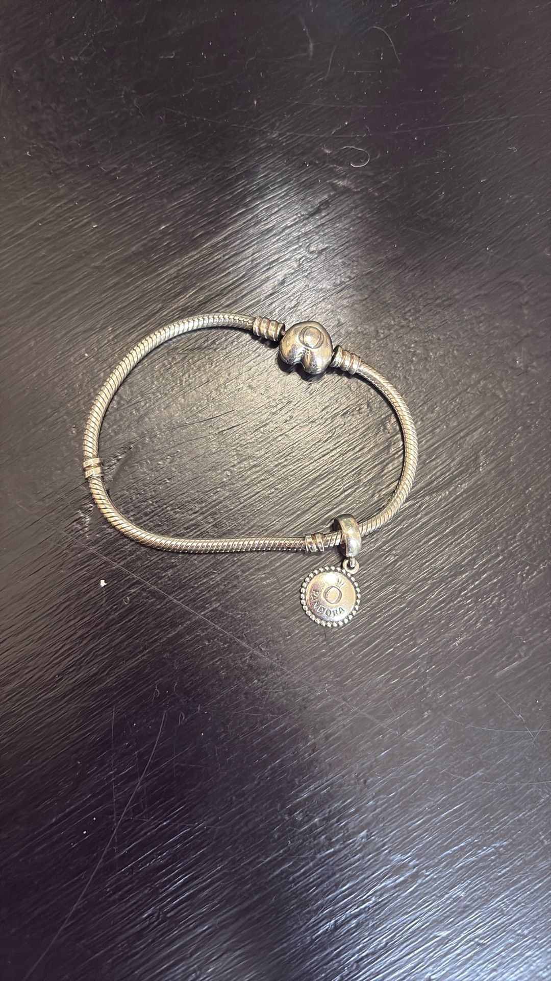 Authentic Pandora Sterling Silver Bracelet with Heart Clasp + Dangle Charm