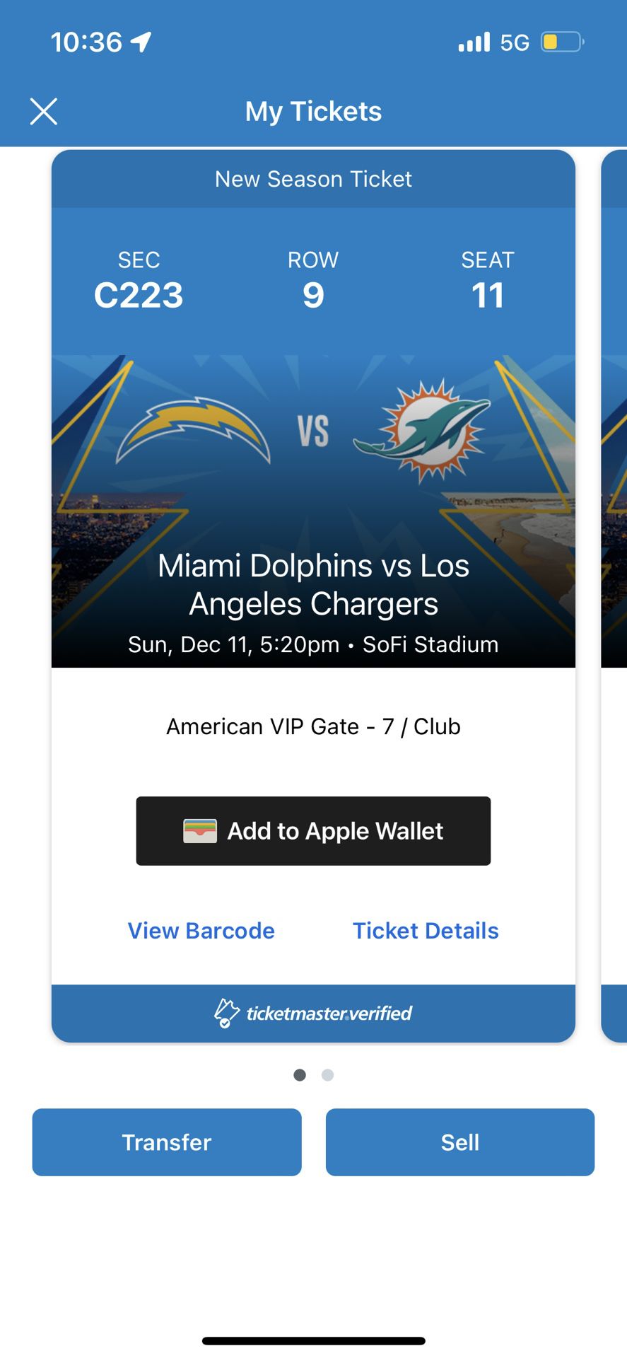Chargers Dolphins 2 Tickets Club VIP December 11 Sunday Night Football