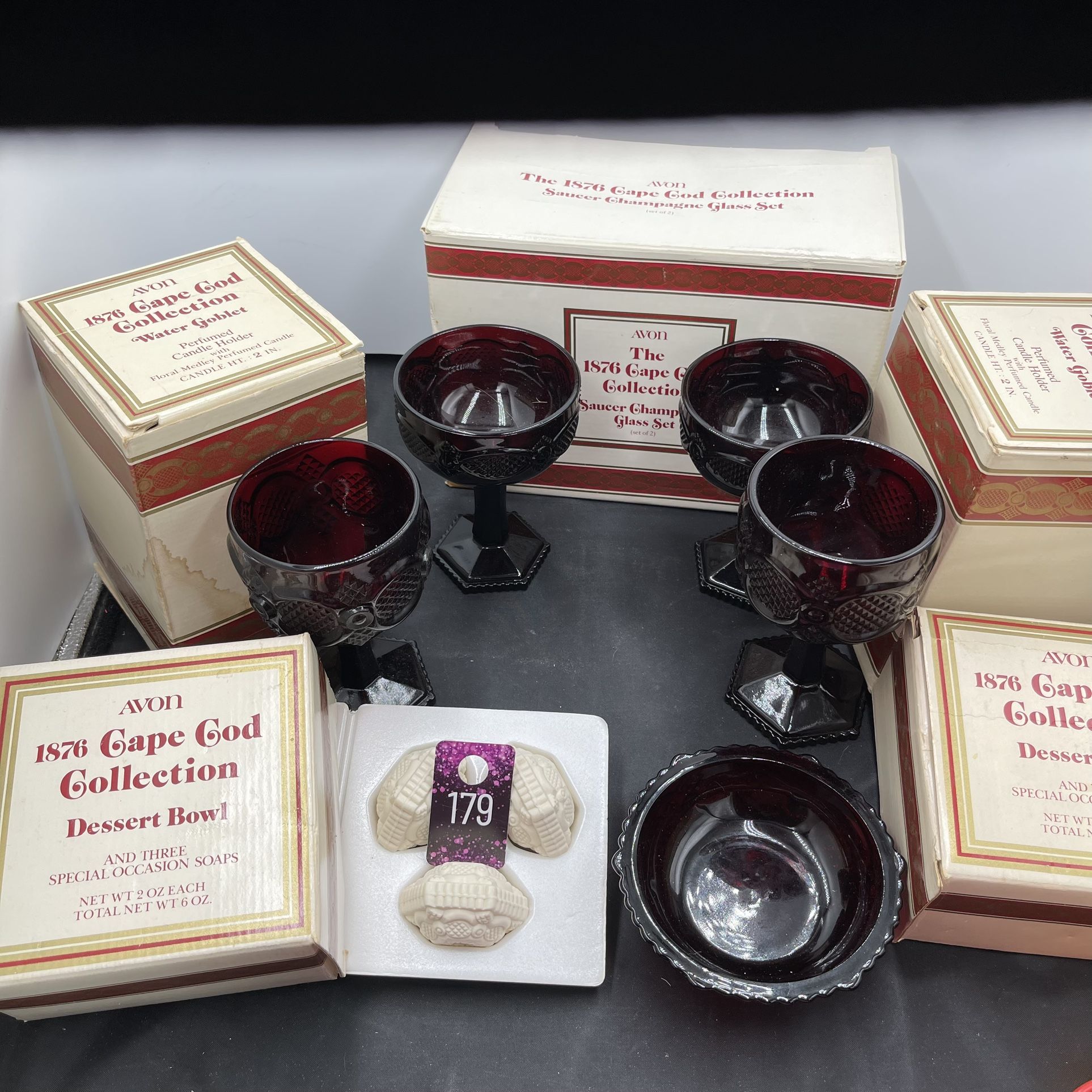 Avon 1876 Cape Cod Lot W/boxes 2 Water Goblets,champagne Set,dessert Bowl, Soaps