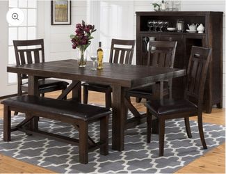 6 PC SOLID WOOD DINING TABLE SET (CHAIRS, BENCH) Juego de Comedor