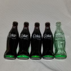 (5 Vintage Collectors Green Glass Coca-cola Bottles) 4 Never Opened! 6 1/2FL.oz.