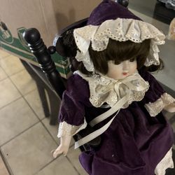 Antique Doll W/ Winding Up Rocking Chair