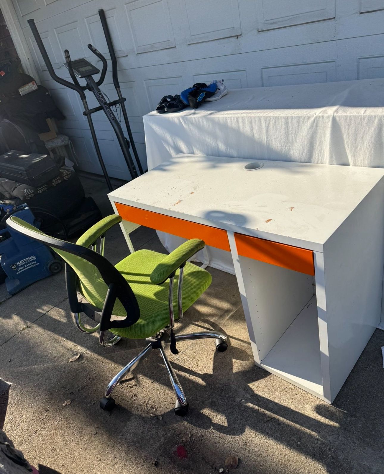 White Desk With Orange Drawer And Green Chair