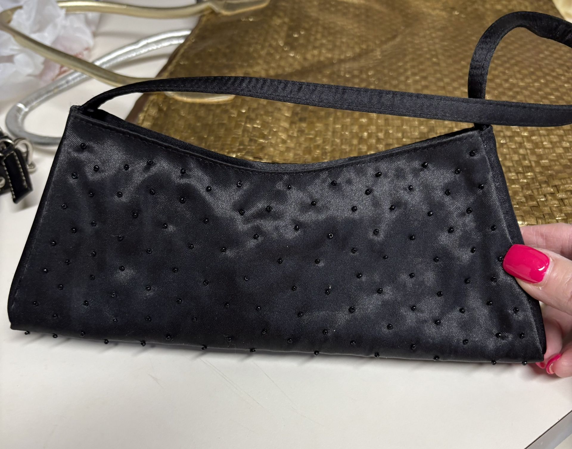 Black Beaded Satin Clutch Bag