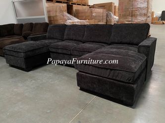 Sectional Couch with TWO Chaise Lounge Black Chenille Fabric Sofa Set U Shape Living Room Space Apartment Saving Big Large Mid Century Modern SALE