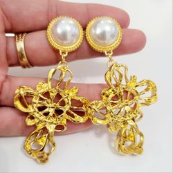 18k Vintage gold cross drop dangle earrings Gift