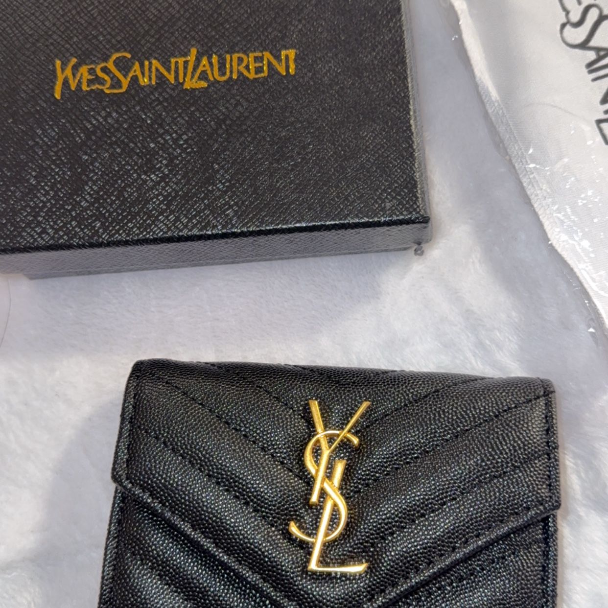 YSL Black Leather Wallet with Gold Logo