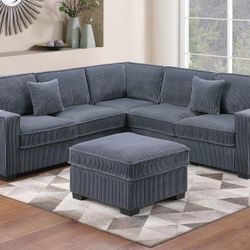 Brand New Grey Corduroy Sectional Sofa w Ottoman 