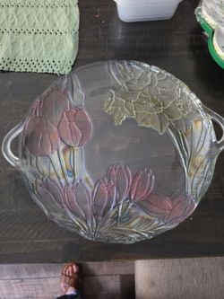 HAND PAINTED 13” CRYSTAL Round platter “BLOSSOM” Iridescent Colorful Design NIB