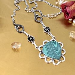 Malachite 925 Sterling Silver Overlay Handcrafted Flower Necklace
